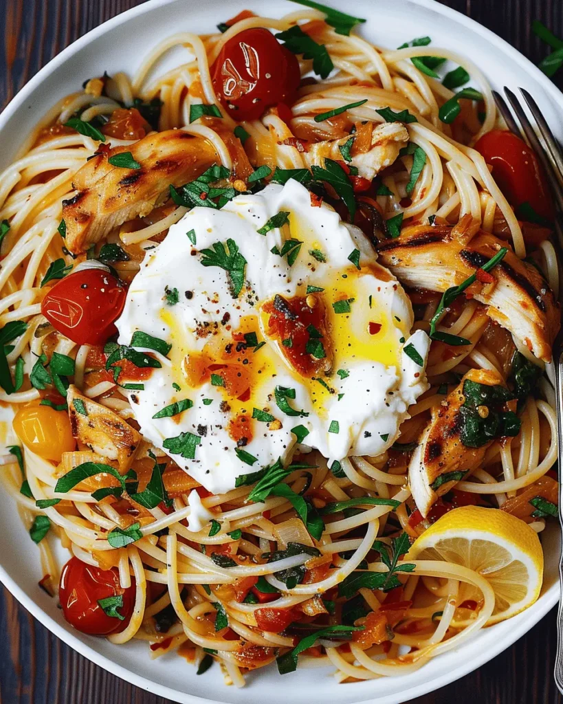 Chicken Spaghetti with Burrata and Lemon Butter Garlic Sauce