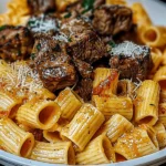 Cajun Steak Tips in Cheesy Rigatoni Parmesan Sauce