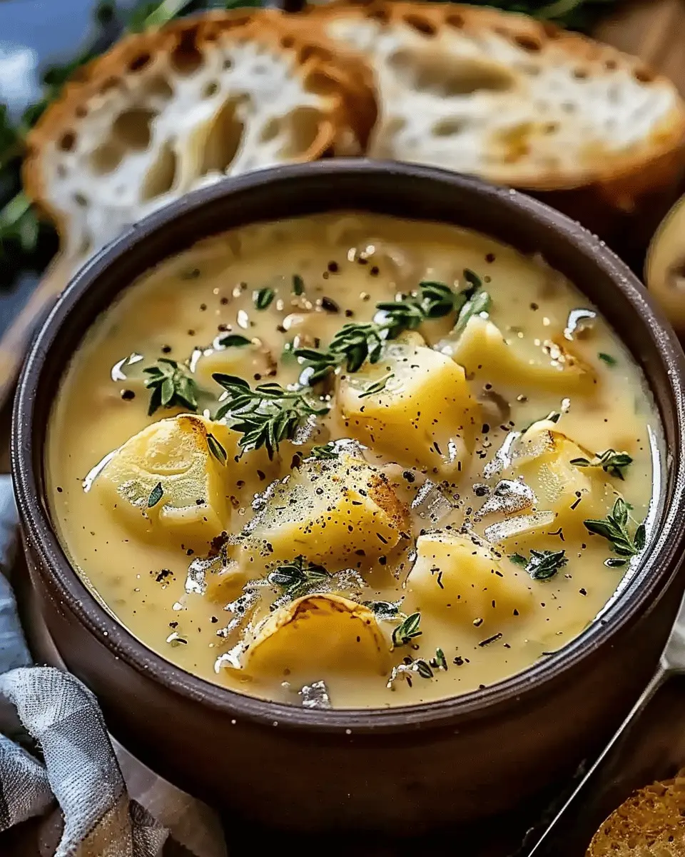 Hearty Cheddar Garlic Herb Potato Soup Recipe with Turkey Bacon