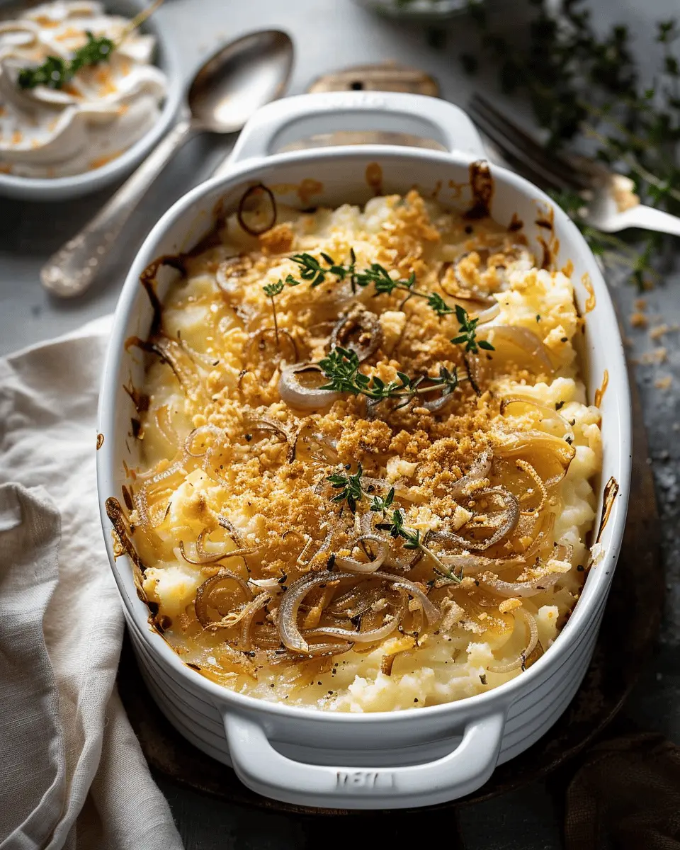 French Onion Funeral Potatoes with Turkey Bacon and Chicken Ham Delight