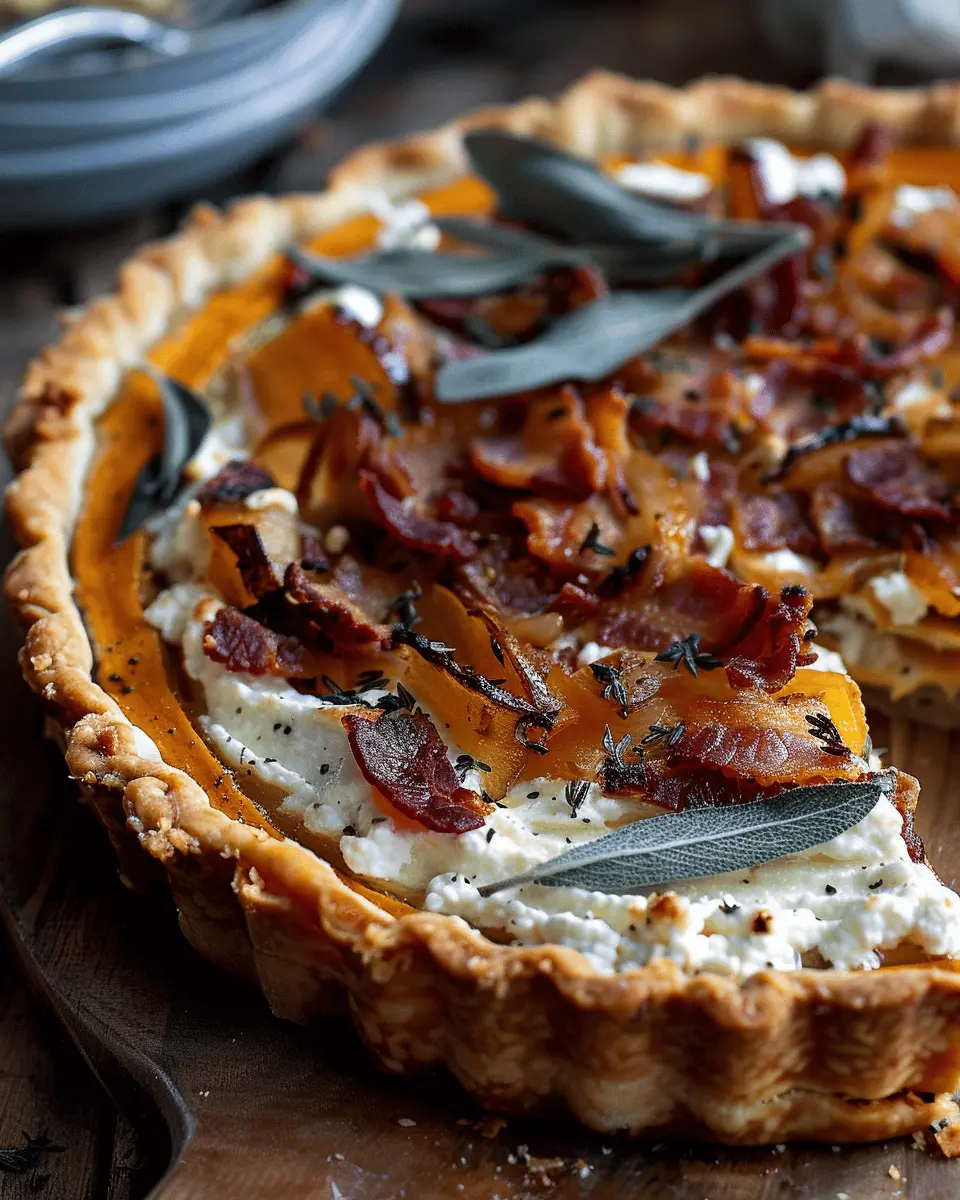 Pumpkin Ricotta Caramelized Onion Tart with Turkey Bacon and Sage Delight