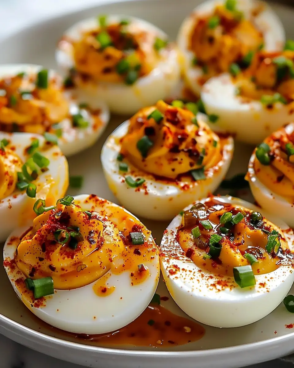 Spicy Chili Garlic Deviled Eggs with Turkey Bacon Twist